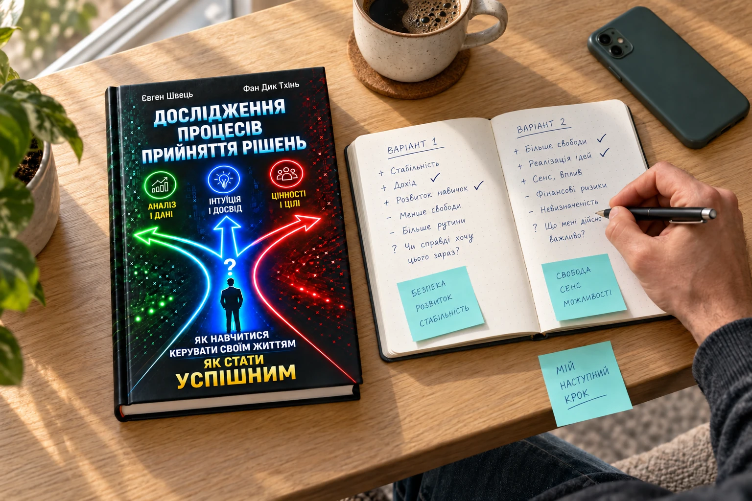 Книга «Дослідження процесів прийняття рішень» на столі поруч із блокнотом, у якому читач порівнює два варіанти рішення.
