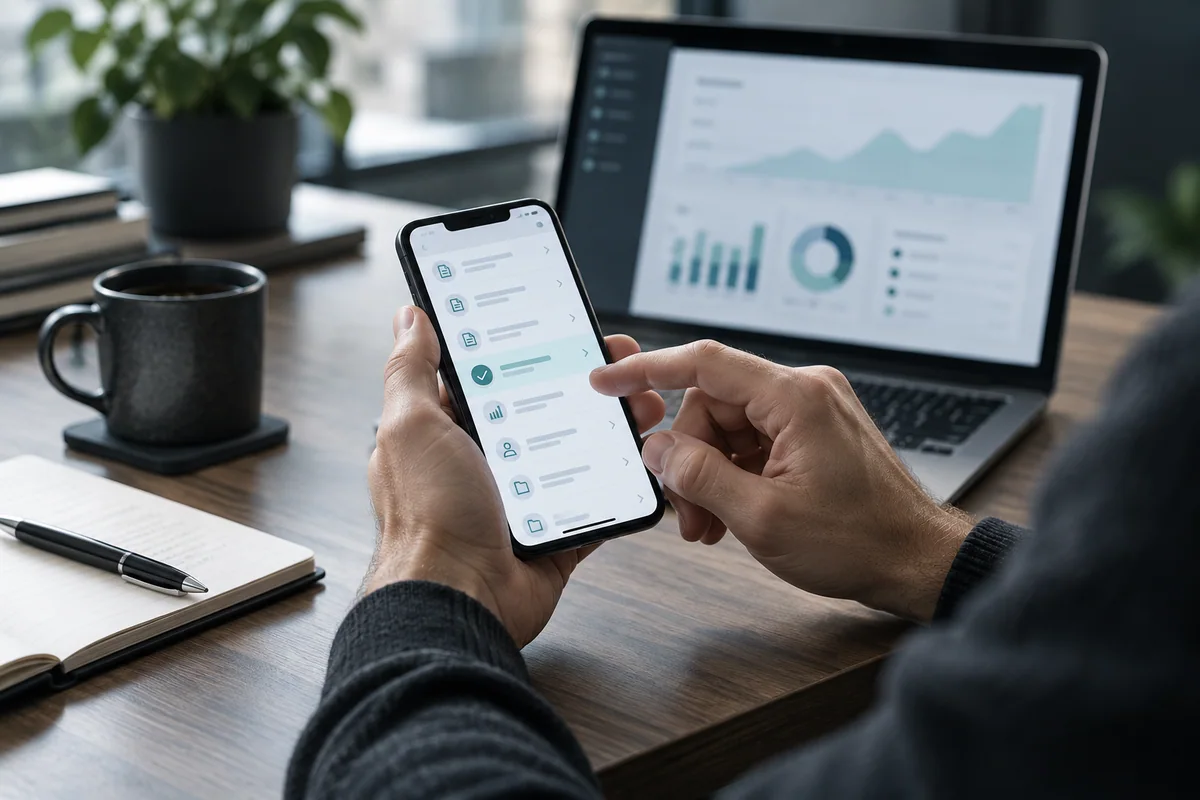 Людина відбирає потрібну інформацію на смартфоні поруч із ноутбуком.